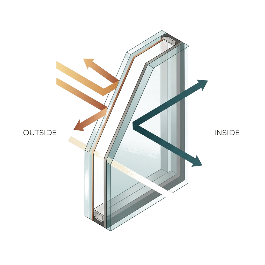 Diagram of how it works in summer: the sun hits the outer pane, the IzolGlass Active TT coating transmits part of the energy, absorbs part, and reflects part back outside; visible light enters the room